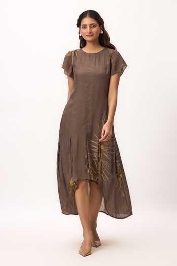 Ruchi Marodia_Brown Silk, Muslin Round Neck Watercolor Print Dress _Online_at_Aza_Fashions