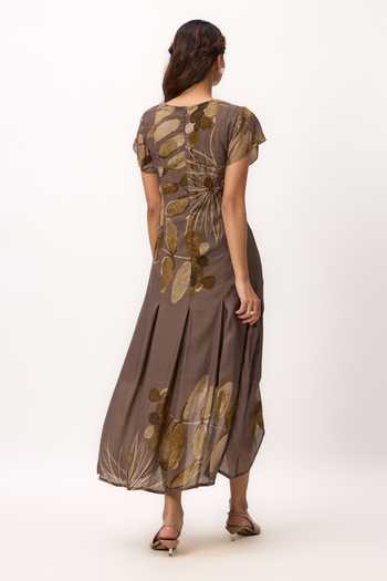 Shop_Ruchi Marodia_Brown Silk, Muslin Round Neck Watercolor Print Dress _at_Aza_Fashions