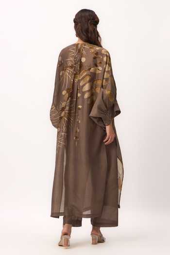 Shop_Ruchi Marodia_Brown Chanderi Round Neck, Yes Watercolor Print Kurta And Pant Set _at_Aza_Fashions