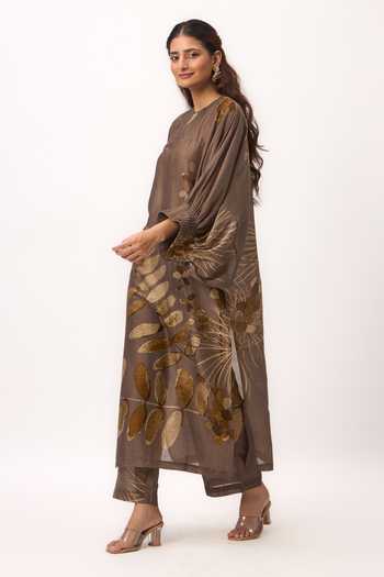 Shop_Ruchi Marodia_Brown Chanderi Round Neck, Yes Watercolor Print Kurta And Pant Set _Online_at_Aza_Fashions