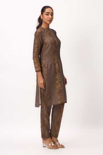 Buy_Ruchi Marodia_Brown Chanderi Mandarin Collar, Yes Printed Kurta Set _Online_at_Aza_Fashions