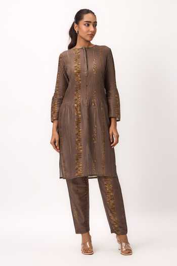 Shop_Ruchi Marodia_Brown Chanderi Mandarin Collar, Yes Printed Kurta Set _Online_at_Aza_Fashions