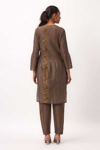 Shop_Ruchi Marodia_Brown Chanderi Mandarin Collar, Yes Printed Kurta Set _at_Aza_Fashions