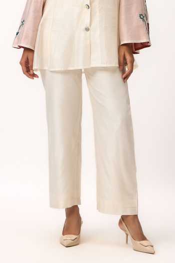 Ruchi Marodia_Off White Chanderi Shawl Neck Lotus Placement Embroidered Shirt And Pant Set _Online_at_Aza_Fashions