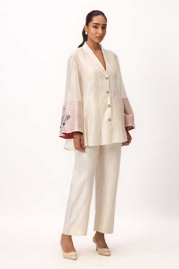 Buy_Ruchi Marodia_Off White Chanderi Shawl Neck Lotus Placement Embroidered Shirt And Pant Set _Online_at_Aza_Fashions