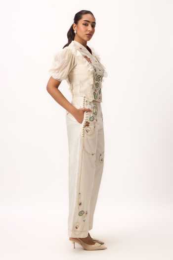 Ruchi Marodia_Off White Chanderi V-neck Lotus Bloom Jaal Ruffle Top And Pant Set _Online_at_Aza_Fashions