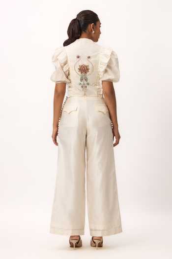 Shop_Ruchi Marodia_Off White Chanderi V-neck Lotus Bloom Jaal Ruffle Top And Pant Set _at_Aza_Fashions