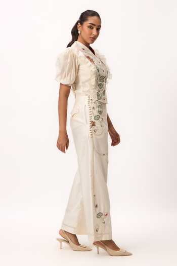 Buy_Ruchi Marodia_Off White Chanderi V-neck Lotus Bloom Jaal Ruffle Top And Pant Set _Online_at_Aza_Fashions
