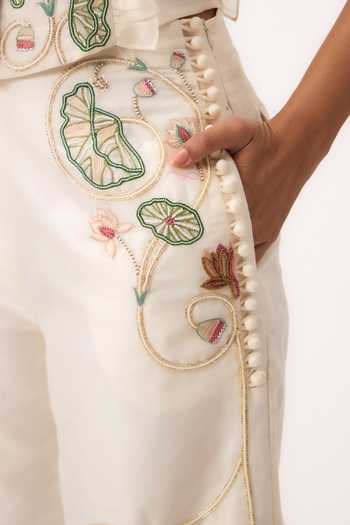 Shop_Ruchi Marodia_Off White Chanderi V-neck Lotus Bloom Jaal Ruffle Top And Pant Set _Online_at_Aza_Fashions