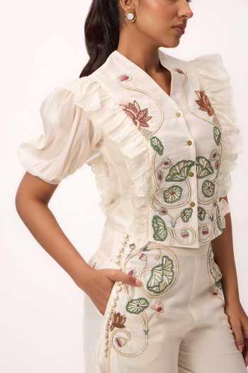 Ruchi Marodia_Off White Chanderi V-neck Lotus Bloom Jaal Ruffle Top And Pant Set _at_Aza_Fashions