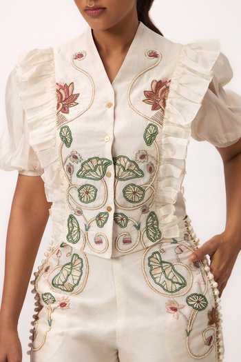 Buy_Ruchi Marodia_Off White Chanderi V-neck Lotus Bloom Jaal Ruffle Top And Pant Set 