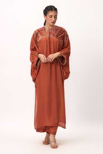 Buy_Ruchi Marodia_Orange Silk, Muslin Round Neck Shami Whisper Kurta And Pant Set _at_Aza_Fashions