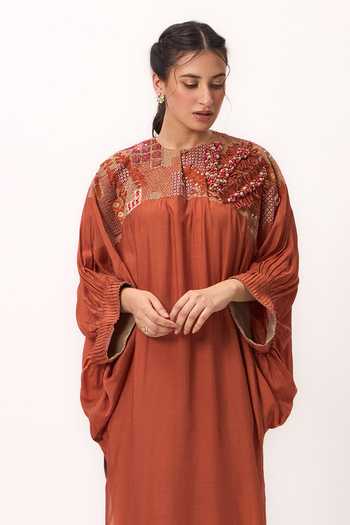 Ruchi Marodia_Orange Silk, Muslin Round Neck Shami Whisper Kurta And Pant Set _Online_at_Aza_Fashions