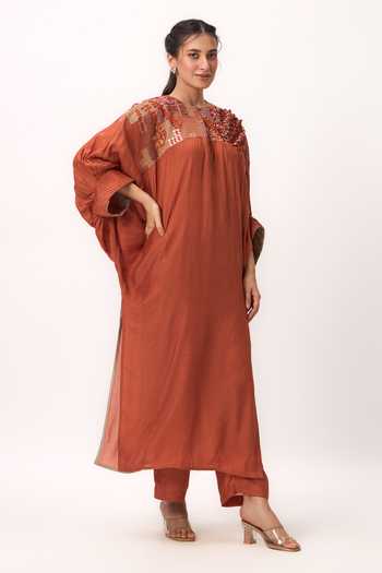 Buy_Ruchi Marodia_Orange Silk, Muslin Round Neck Shami Whisper Kurta And Pant Set _Online_at_Aza_Fashions