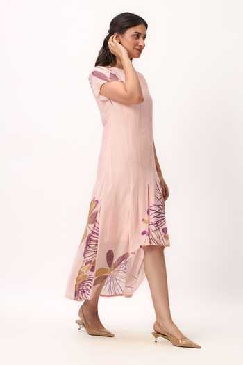 Ruchi Marodia_Pink Silk, Muslin Round Neck Watercolour Print Dress _Online_at_Aza_Fashions