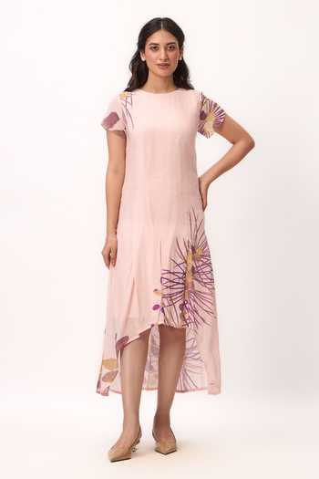 Buy_Ruchi Marodia_Pink Silk, Muslin Round Neck Watercolour Print Dress _Online_at_Aza_Fashions