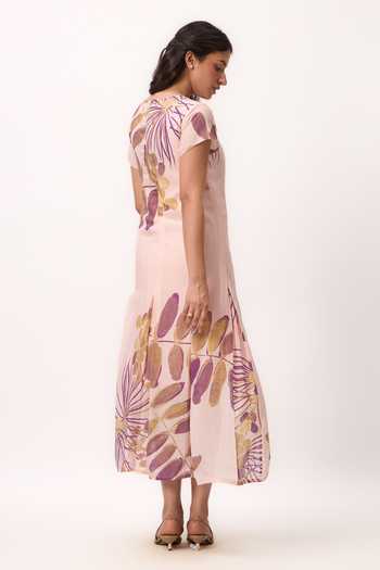 Shop_Ruchi Marodia_Pink Silk, Muslin Round Neck Watercolour Print Dress _at_Aza_Fashions