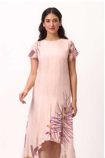 Shop_Ruchi Marodia_Pink Silk, Muslin Round Neck Watercolour Print Dress _Online_at_Aza_Fashions