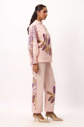 Ruchi Marodia_Pink Poplin Mandarin Collar Watercolour Print Top And Pant Set _Online_at_Aza_Fashions