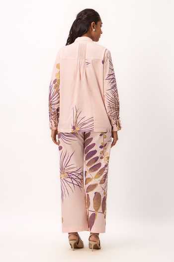 Shop_Ruchi Marodia_Pink Poplin Mandarin Collar Watercolour Print Top And Pant Set _at_Aza_Fashions