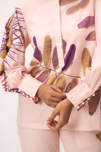 Buy_Ruchi Marodia_Pink Poplin Mandarin Collar Watercolour Print Top And Pant Set _Online_at_Aza_Fashions