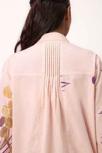 Shop_Ruchi Marodia_Pink Poplin Mandarin Collar Watercolour Print Top And Pant Set _Online_at_Aza_Fashions