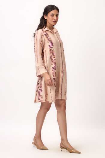 Buy_Ruchi Marodia_Pink Cotton Satin Collared Watercolour Print Dress _Online_at_Aza_Fashions