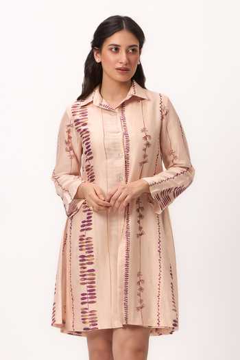 Buy_Ruchi Marodia_Pink Cotton Satin Collared Watercolour Print Dress _at_Aza_Fashions