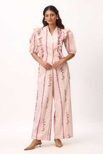 Buy_Ruchi Marodia_Pink Chanderi V-neck Stripe Print Top And Pant Set _at_Aza_Fashions