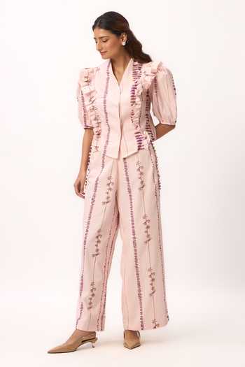Ruchi Marodia_Pink Chanderi V-neck Stripe Print Top And Pant Set _Online_at_Aza_Fashions
