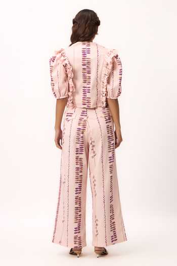 Shop_Ruchi Marodia_Pink Chanderi V-neck Stripe Print Top And Pant Set _at_Aza_Fashions