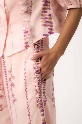 Buy_Ruchi Marodia_Pink Chanderi V-neck Stripe Print Top And Pant Set _Online_at_Aza_Fashions