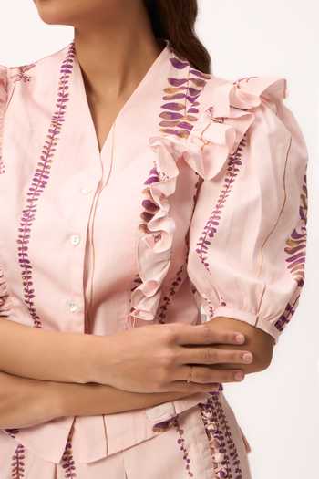 Shop_Ruchi Marodia_Pink Chanderi V-neck Stripe Print Top And Pant Set _Online_at_Aza_Fashions