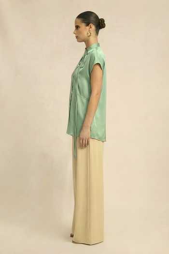 Shop_Neora By Nehal Chopra_Green Silk, Bemberg Mandarin Collar Ash Crew Neck Top _at_Aza_Fashions
