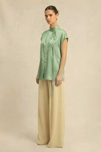 Neora By Nehal Chopra_Green Silk, Bemberg Mandarin Collar Ash Crew Neck Top _Online_at_Aza_Fashions