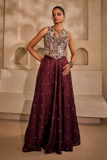 Buy_Anu Pellakuru_Wine , Organza Mirrors Gulnaar Embroidered Waistcoat And Palazzo Set _at_Aza_Fashions