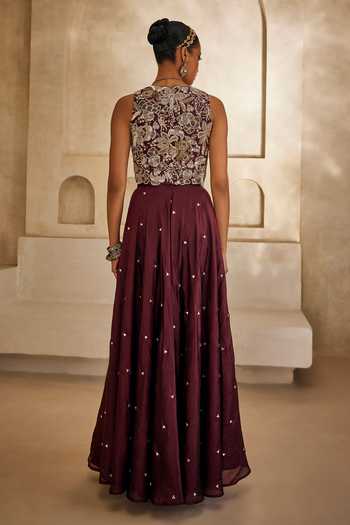 Shop_Anu Pellakuru_Wine , Organza Mirrors Gulnaar Embroidered Waistcoat And Palazzo Set _at_Aza_Fashions