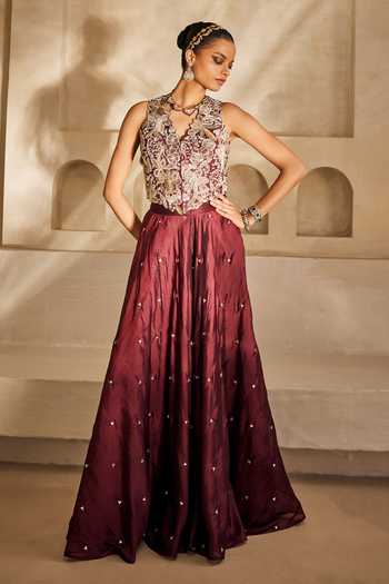 Anu Pellakuru_Wine , Organza Mirrors Gulnaar Embroidered Waistcoat And Palazzo Set _Online_at_Aza_Fashions