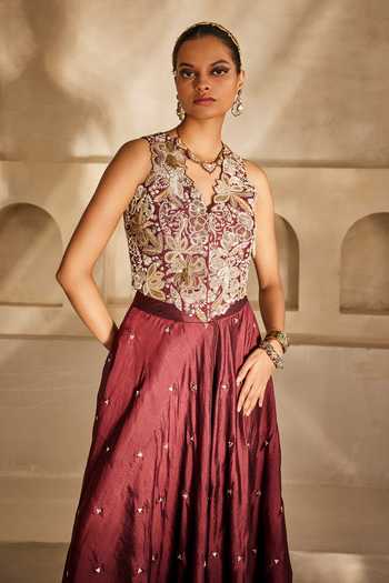 Buy_Anu Pellakuru_Wine , Organza Mirrors Gulnaar Embroidered Waistcoat And Palazzo Set _Online_at_Aza_Fashions