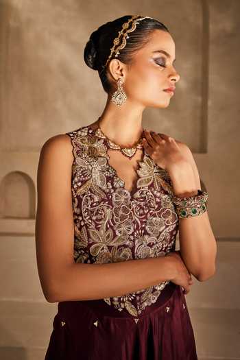 Shop_Anu Pellakuru_Wine , Organza Mirrors Gulnaar Embroidered Waistcoat And Palazzo Set _Online_at_Aza_Fashions