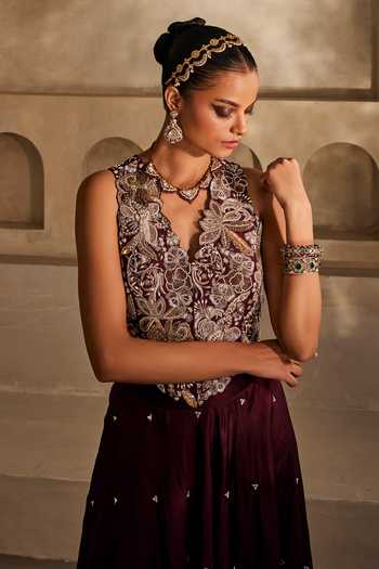 Anu Pellakuru_Wine , Organza Mirrors Gulnaar Embroidered Waistcoat And Palazzo Set _at_Aza_Fashions