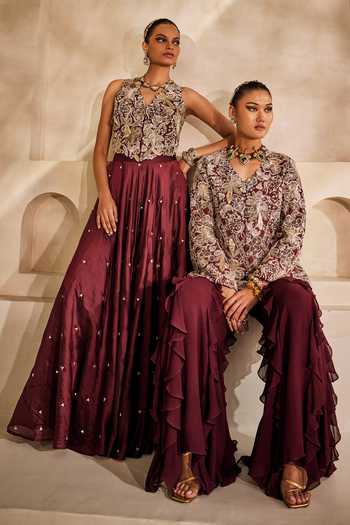 Buy_Anu Pellakuru_Wine , Organza Mirrors Gulnaar Embroidered Waistcoat And Palazzo Set 
