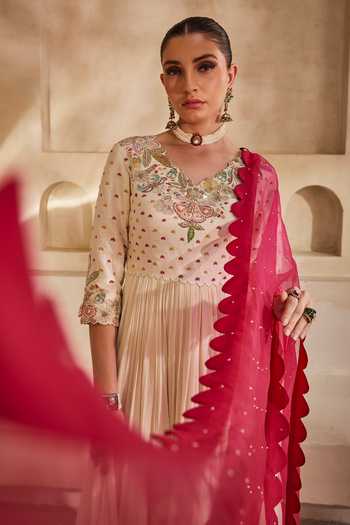 Anu Pellakuru_Off White Silk, Organza, Chiffon Embroidered Anarkali With Gulaabi Dupatta _Online_at_Aza_Fashions