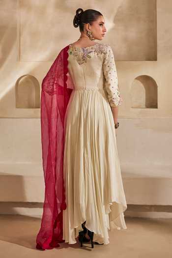 Shop_Anu Pellakuru_Off White Silk, Organza, Chiffon Embroidered Anarkali With Gulaabi Dupatta _at_Aza_Fashions