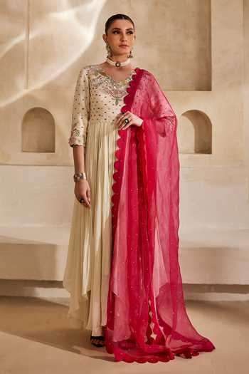 Buy_Anu Pellakuru_Off White Silk, Organza, Chiffon Embroidered Anarkali With Gulaabi Dupatta _Online_at_Aza_Fashions