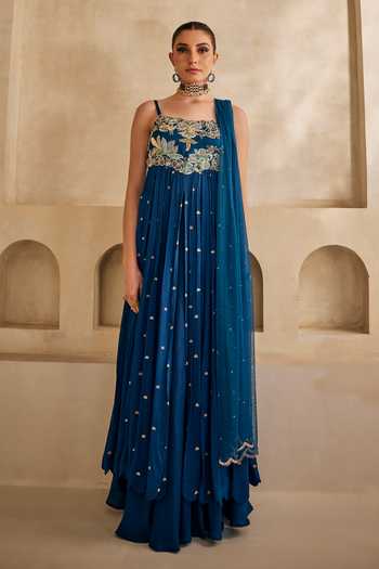 Buy_Anu Pellakuru_Blue Silk, Chiffon, Satin, Net Square Neck Neel Afreen Embroidered Anarkali Set _at_Aza_Fashions