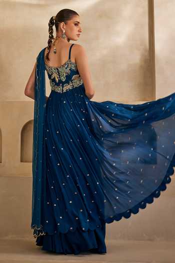 Shop_Anu Pellakuru_Blue Silk, Chiffon, Satin, Net Square Neck Neel Afreen Embroidered Anarkali Set _at_Aza_Fashions
