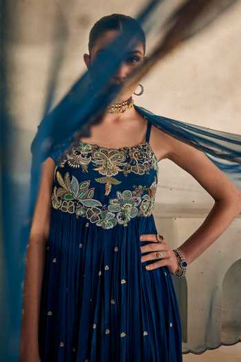 Buy_Anu Pellakuru_Blue Silk, Chiffon, Satin, Net Square Neck Neel Afreen Embroidered Anarkali Set _Online_at_Aza_Fashions