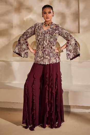 Buy_Anu Pellakuru_Wine Silk, Georgette Ruffles V-neck Mahveen Embroidered Jacket And Palazzo Set _at_Aza_Fashions