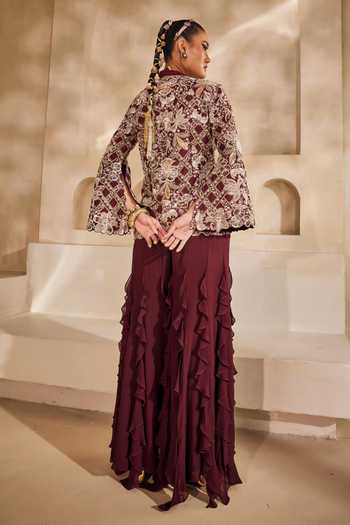 Shop_Anu Pellakuru_Wine Silk, Georgette Ruffles V-neck Mahveen Embroidered Jacket And Palazzo Set _at_Aza_Fashions